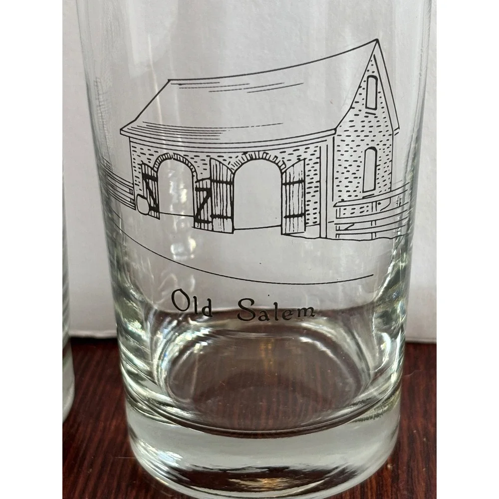 Vintage Old Salem NC Souvenir Highball Glasses Set of 3 Historic Buildings Clear